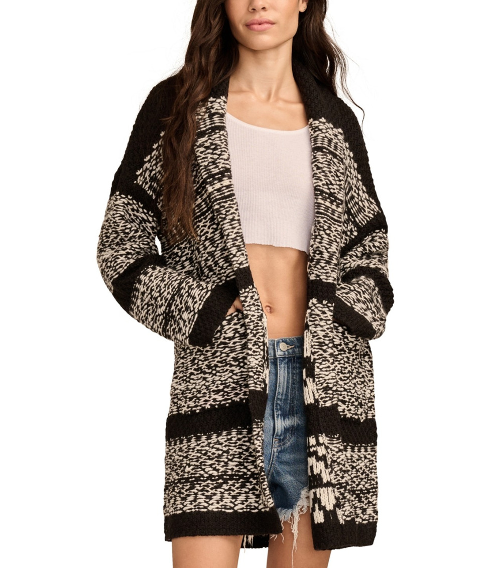 Lucky Brand Women Fairisle Shawl Collar Open Front Coatigan Black Combo Size M